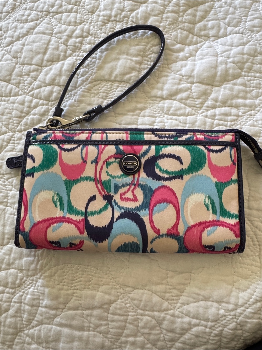 Coach Multicolor Signature Wristlet - Pink, Teal & Navy